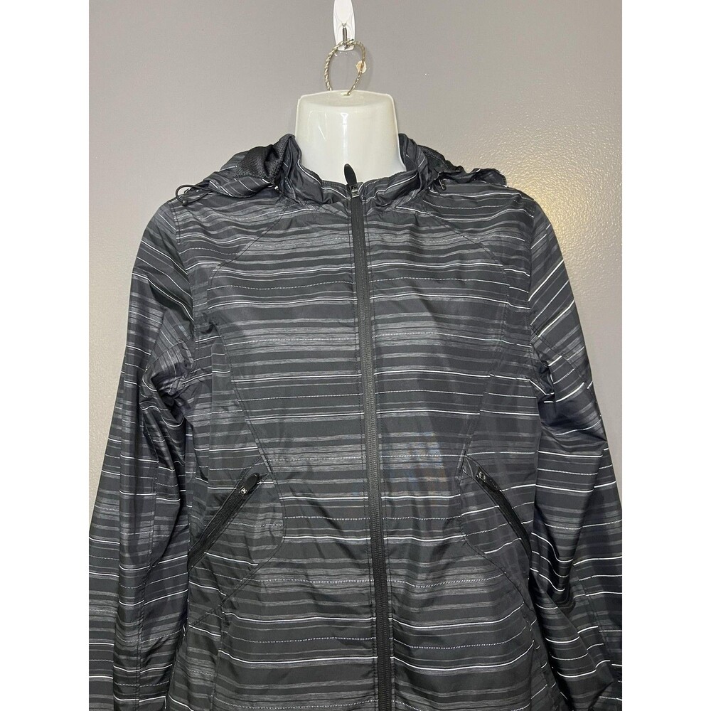 ASICS Jacket Womens Small Black Striped Hooded Full Zip Running Windbreaker